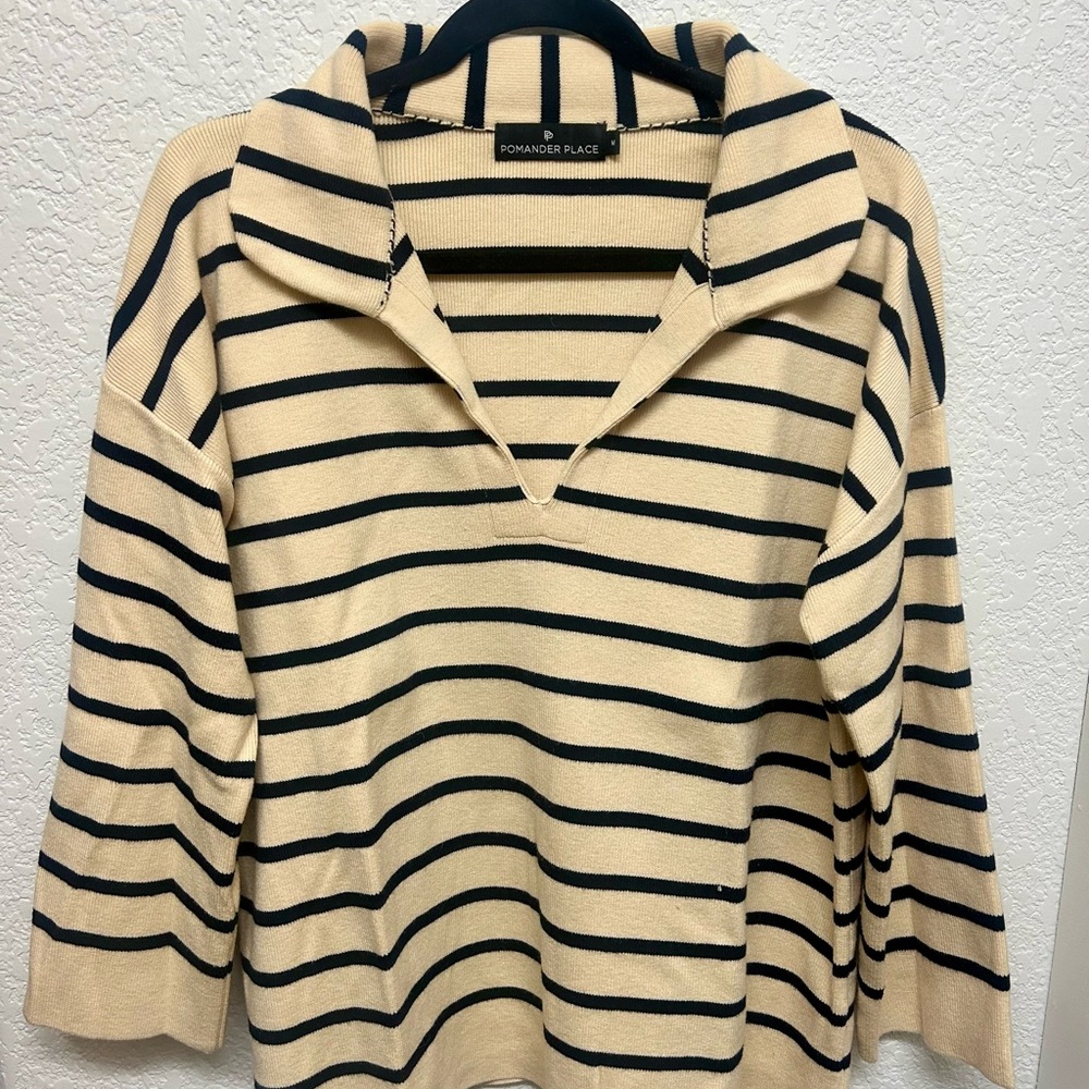 Pomander Place V-Neck Sweater - Black and Cream Stripes